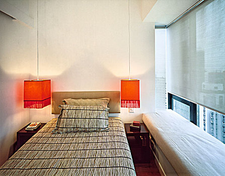 卧室,橙色,悬挂,床边,现代,中国,公寓,香港,室内设计