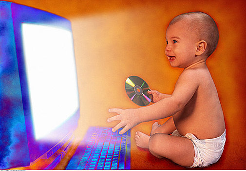 婴儿,正面,电脑,拿着,cd