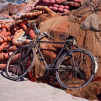 自行车,靠着,渔网,葡萄牙