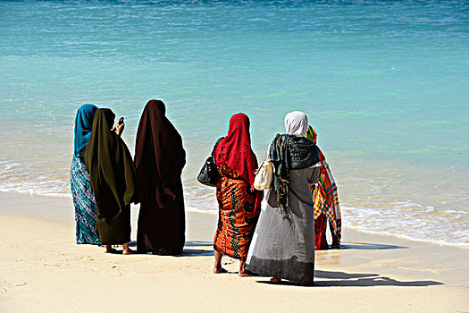 穆斯林,女人,库塔,海滩,南海岸,龙目岛,岛屿,印度尼西亚,东南亚
