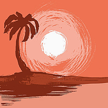 插画,棕榈树,海洋,日落