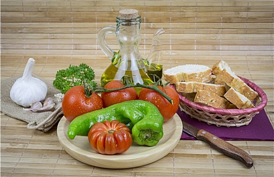 静物,橄榄油,蔬菜,木桌