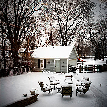 住宅,后院,雪,座椅,放置,圆