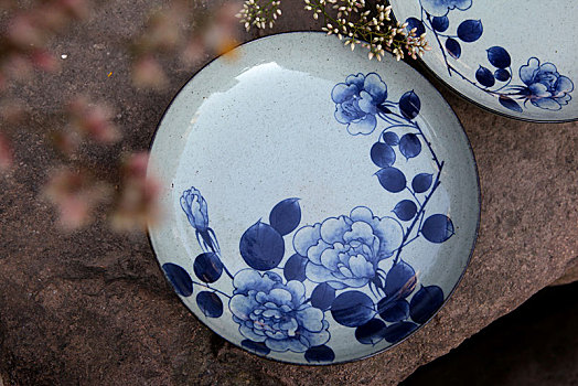 陶瓷手绘青花月季盘