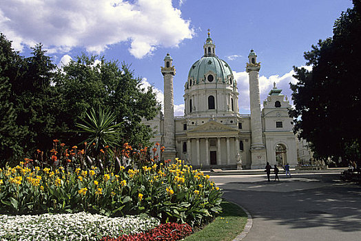 奥地利,维也纳,卡尔教堂,花,前景
