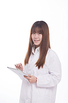 年轻,亚洲女性,整形医生,写字板,白色背景,背景