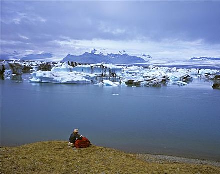 伴侣,享受,风景,冰河,湖,冰岛