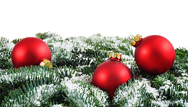 红色,圣诞节饰物,雪,杉枝