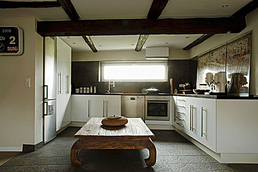 平面布置图,厨房,白色,柜子,天花板,乡村,木桌