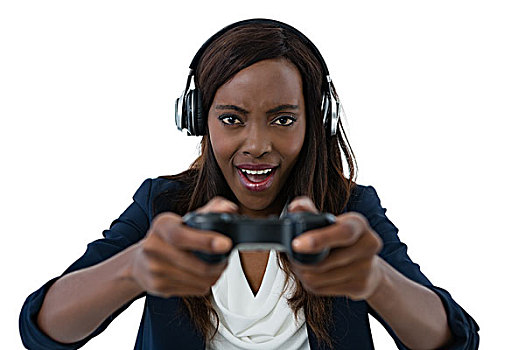 年轻,职业女性,穿,耳机,玩,电子游戏,白色背景