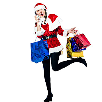 女人,圣诞老人,圣诞购物,电话,高兴