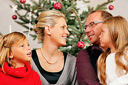 家庭,坐,圣诞节,正面,圣诞树,微笑