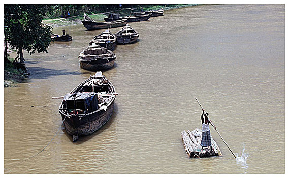 一个,男人,航行,河,竹子,筏子,孟加拉,一月,2007年