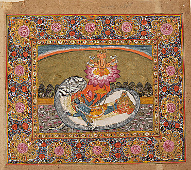 毗湿奴,毒蛇,荷花,迟,19世纪,艺术家,未知