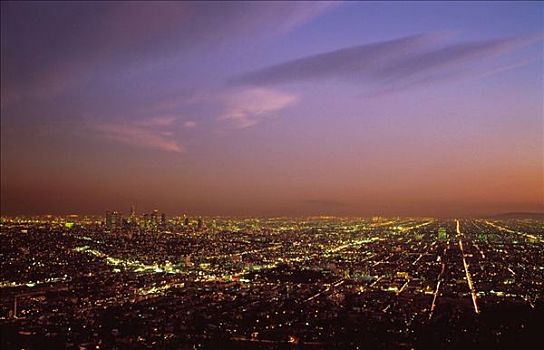 日落,黃昏,城市,室外,能量,垃圾,烟雾,污染,好莱坞,美洲,建筑,俯视,拥挤,天际线,美国,加利福尼亚,洛杉矶
