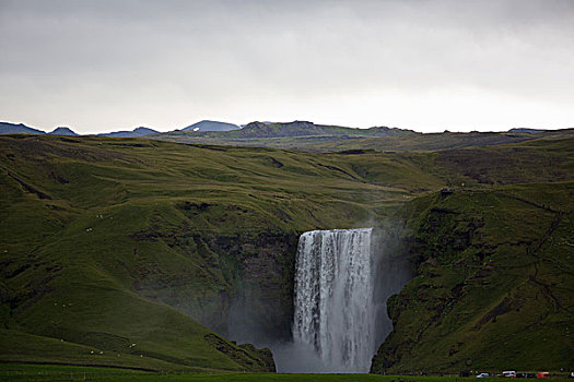 瀑布,流动,茂密,绿色,悬崖,冰岛