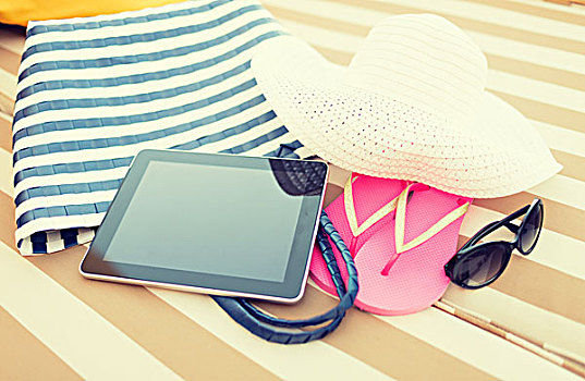 海滩,夏天,度假,配饰,科技,概念,特写,平板电脑,电脑