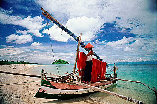 印度尼西亚,龙目岛,渔民,护理,网,海滩