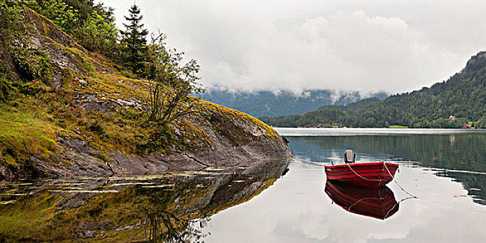 红色,划桨船,停泊,峡湾,挪威