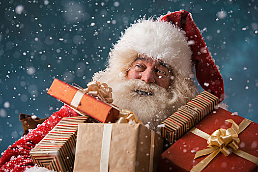 圣诞老人,走,雪,袋,许多,礼物,冬天,夜晚,下雪