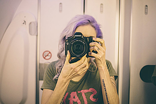紫色,头发,女孩,镜子,浴室,飞机
