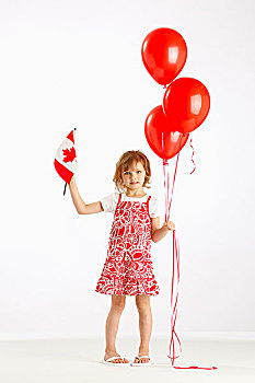 女孩,拿着,红色,气球,加拿大国旗,三个,山,艾伯塔省,加拿大