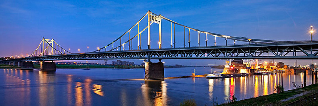 莱茵河,桥,港口,晚上,克莱菲德,北莱茵威斯特伐利亚,德国,欧洲