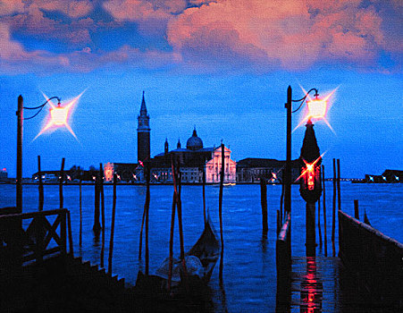 小船,停泊,圣马科,威尼斯,意大利,圣乔治奥,马焦雷湖,背景,蓝色色调