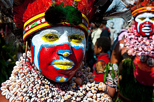 彩色,服装,脸,涂绘,女人,庆贺,传统,唱歌,高地,巴布亚新几内亚,美拉尼西亚