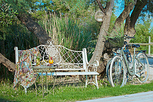 两个,自行车,靠近,浪漫,金属,长椅