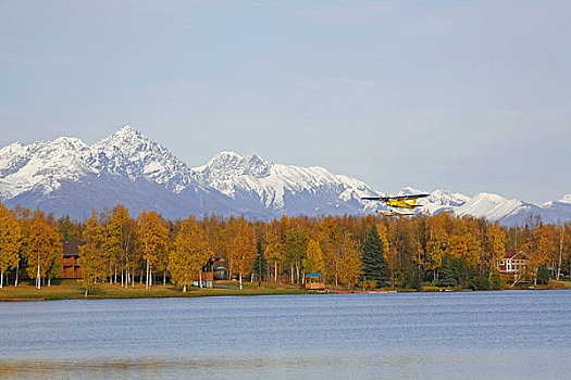 水上飞机,起飞,湖,阿拉斯加