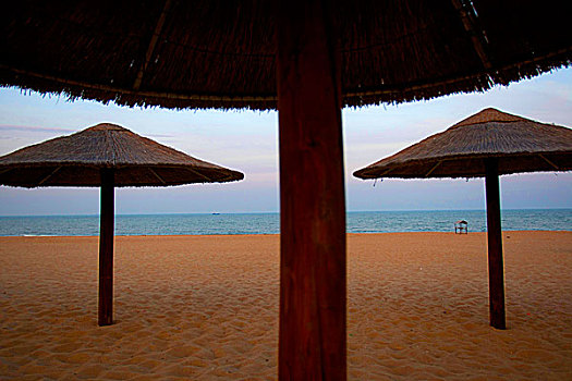 海滩上的茅草遮阳伞