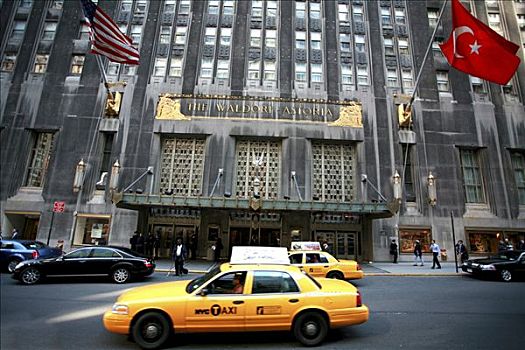 出租车,正面,阿斯托里亚,豪华酒店,曼哈顿,纽约,美国