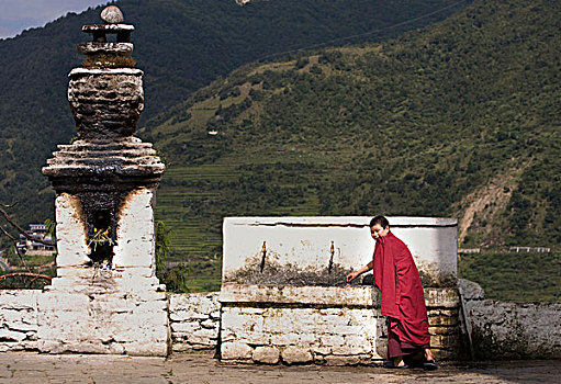 头像,年轻,和尚,喝,庙宇,饮水器,普那卡,不丹
