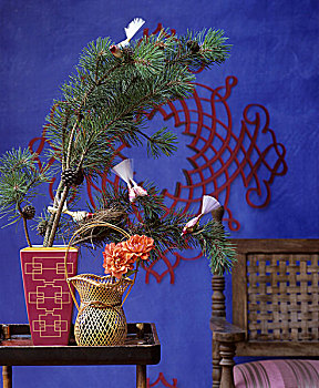 鸟,装饰,松树,嫩枝,正面,蓝色,墙,红色,图案