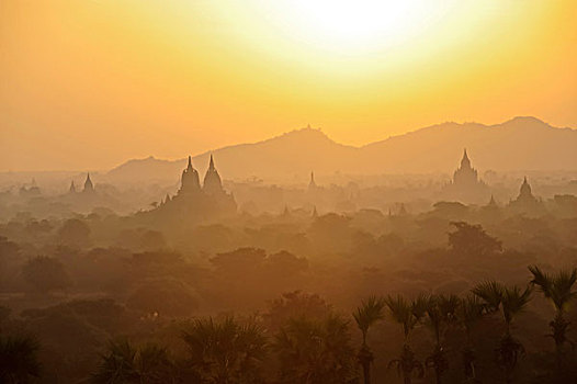 日出,上方,塔,庙宇,蒲甘,缅甸,东南亚,亚洲