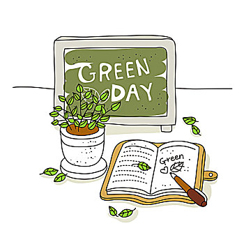 插画,翻开,日记,绿色,白天,书写