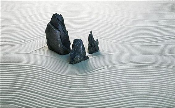 禅,沙子,白色,线条,石头,黑色