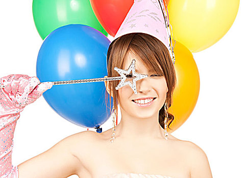 高兴,女孩,彩色,气球,聚会,帽,魔幻,棍