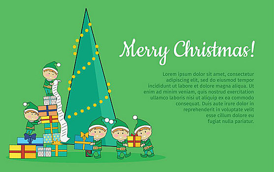 圣诞节,小精灵,包装,礼物,靠近,树,圣诞快乐,网络,旗帜,礼盒,清单,假日,背景,魔幻,新年,概念,卡通,风格,矢量