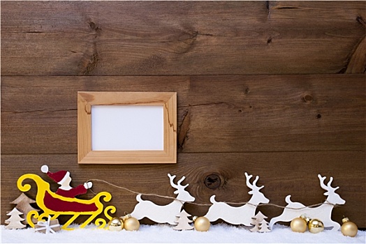 圣诞老人,雪撬,驯鹿,雪,留白,金色,球,框