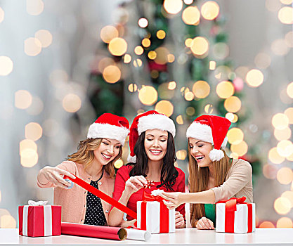 圣诞节,休假,庆贺,装饰,人,概念,微笑,女人,圣诞老人,帽子,纸,礼盒,上方,树,背景