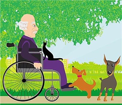 老人,轮椅,宠物