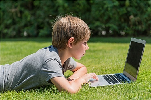 年幼,笔记本电脑,草地