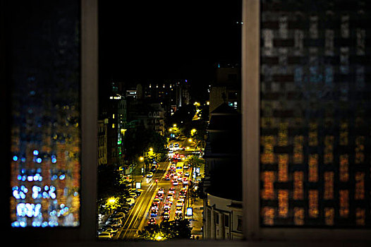 风景,高处,交通,街道,夜晚,里斯本,葡萄牙