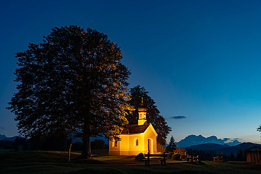 小教堂,玛丽亚,蓝色,钟点,山,背景,巴伐利亚,德国,欧洲
