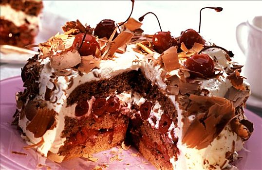 黑森林樱桃蛋糕,巧克力屑,块,切削