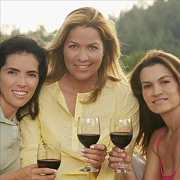 肖像,两个,中年,女人,成年,拿着,葡萄酒杯