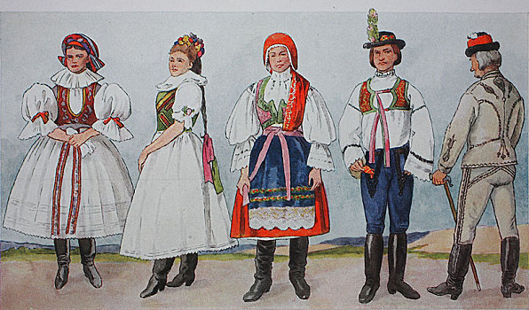 人,传统服装,时尚,服饰,衣服,摩拉维亚,捷克共和国,19世纪,插画,欧洲
