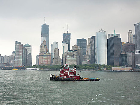 拖船,哈得逊河,河,天际线,市区,曼哈顿,金融区,纽约,北美